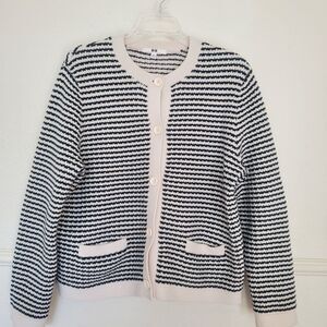 Uniqlo Cardigan Knitted Short Jacket Striped‎ Black On Ecru Button Womens Sz XL